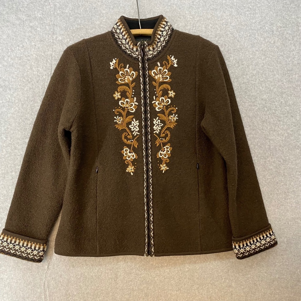 Vintage Icelandic M Brown Full Zip Embroidered Wool Jacket With Pockets